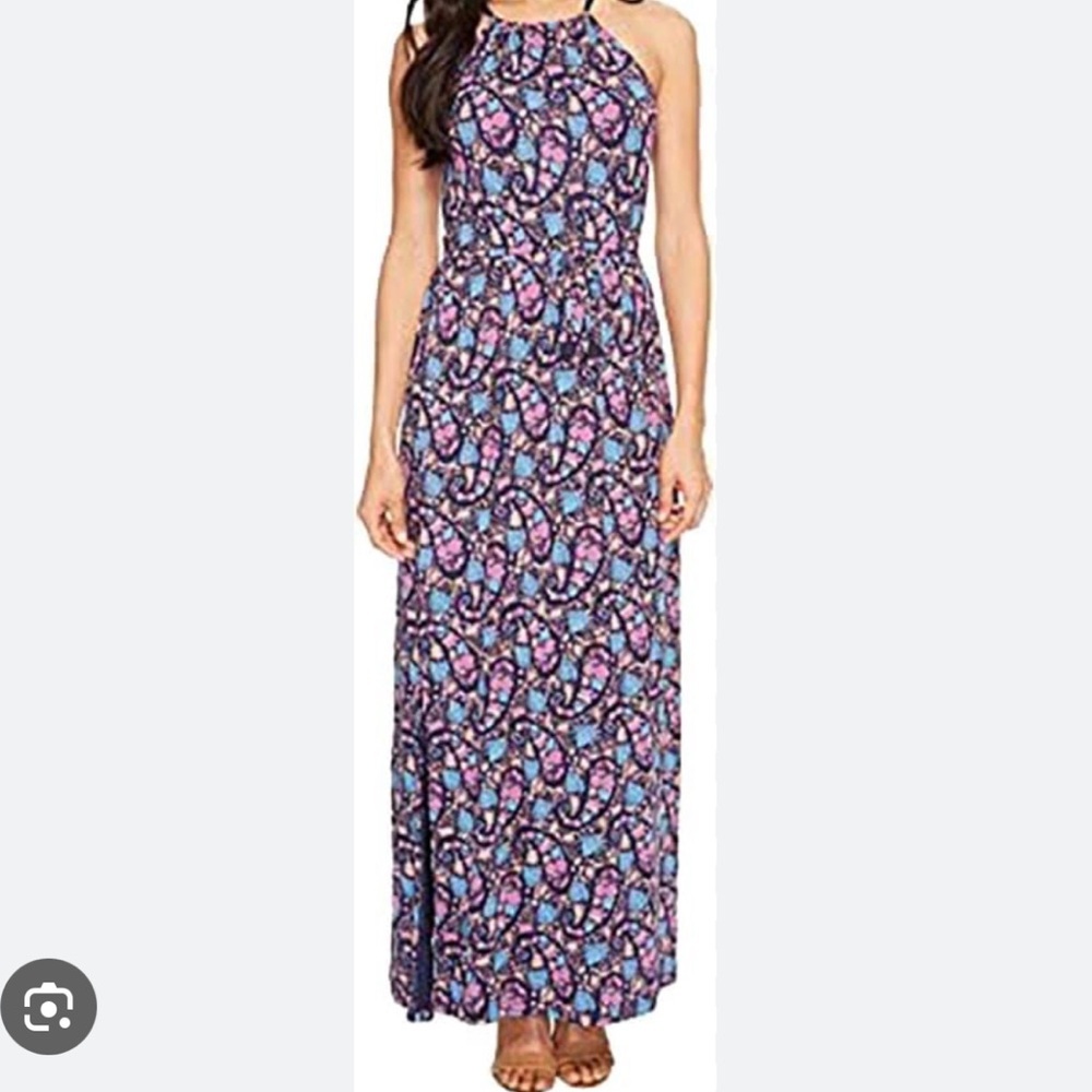 Lucky Brand Sz M Maxi Dress Sleeveless Paisley Blue Jersey New Boho Vacation